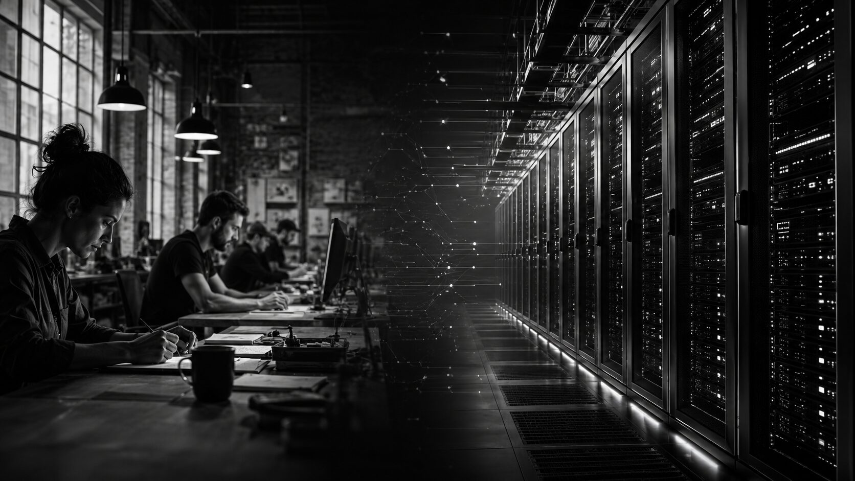 A workshop of people working by hand at a long bench, dissolving into an aisle of lit server racks